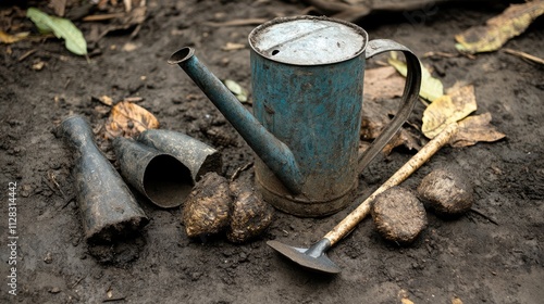 Wallpaper Mural Old Blue Watering Can and Garden Tools on Dark Soil Surface Torontodigital.ca