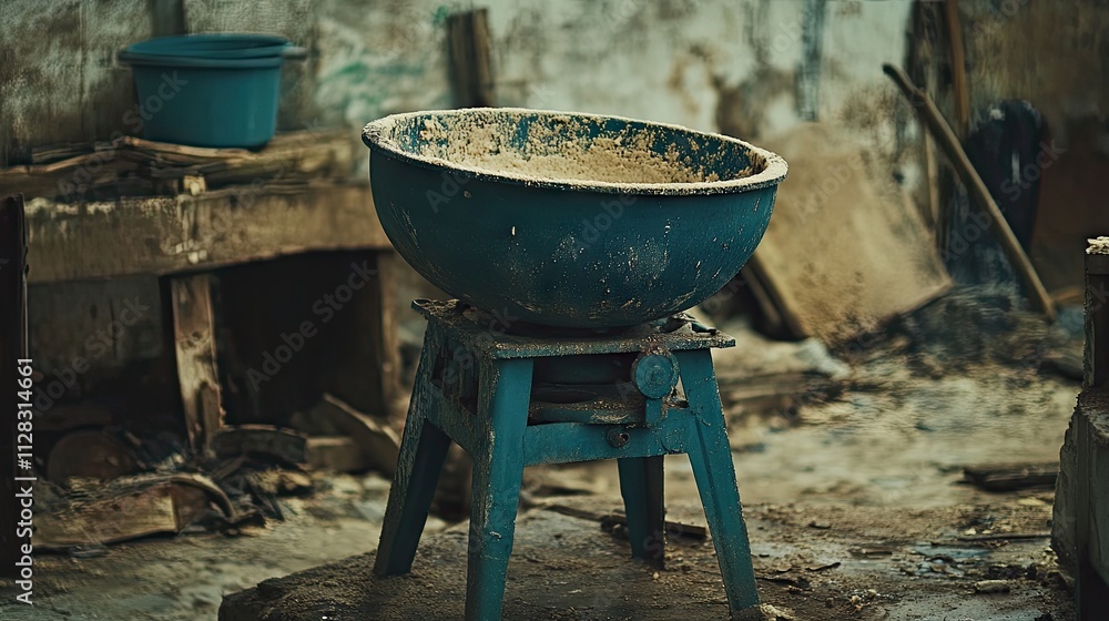 Blue Mixing Bowl on Stool in an Old, Abandoned Workshop Setting Blue Mixing Bowl on Stool in an Old, Abandoned Workshop Setting