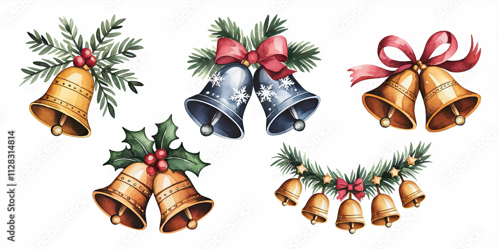 Watercolor Christmas Bells Holly Festive Greenery Watercolor Christmas Bells Holly Festive Greenery