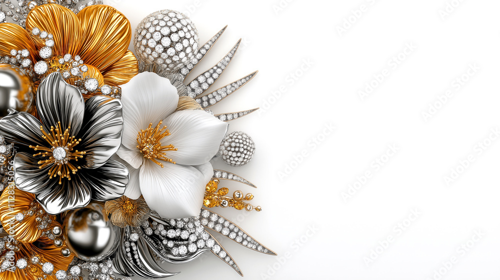 A luxurious arrangement of gold and silver flowers and orbs, encrusted with sparkling diamonds on a white background A luxurious arrangement of gold and silver flowers and orbs, encrusted with sparkling diamonds on a white background