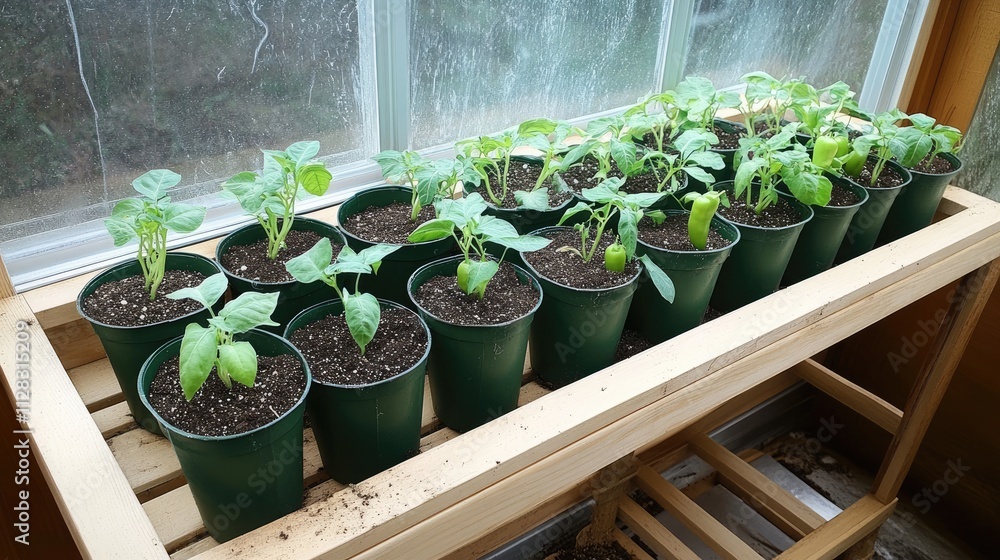 Growing Seedlings in Greenhouse Pots on Wooden Shelf Growing Seedlings in Greenhouse Pots on Wooden Shelf