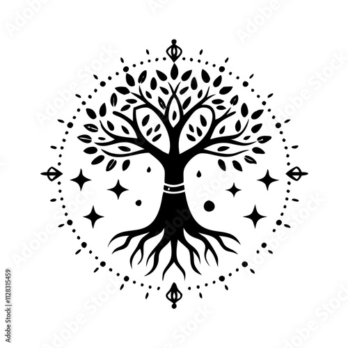 Yggdrasil symbol featuring the World Tree with intricate roots and branches 