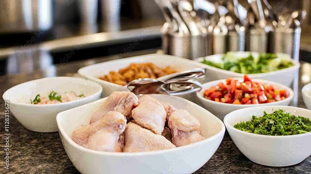 Fresh Raw Chicken Wings with Variety of Ingredients on Countertop Fresh Raw Chicken Wings with Variety of Ingredients on Countertop