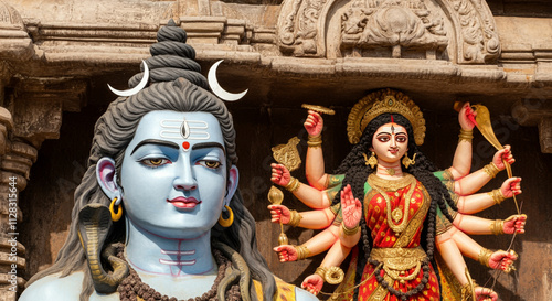 A majestic sculpture of Lord Shiva with Goddess Parvati in the background, symbolizing strength, devotion, and spiritual balance photo