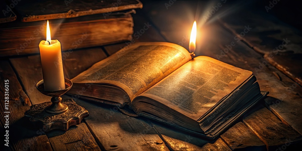 Mystical nighttime drone view:  candlelight illuminates an old, vintage book in a dramatic, dark setting.
