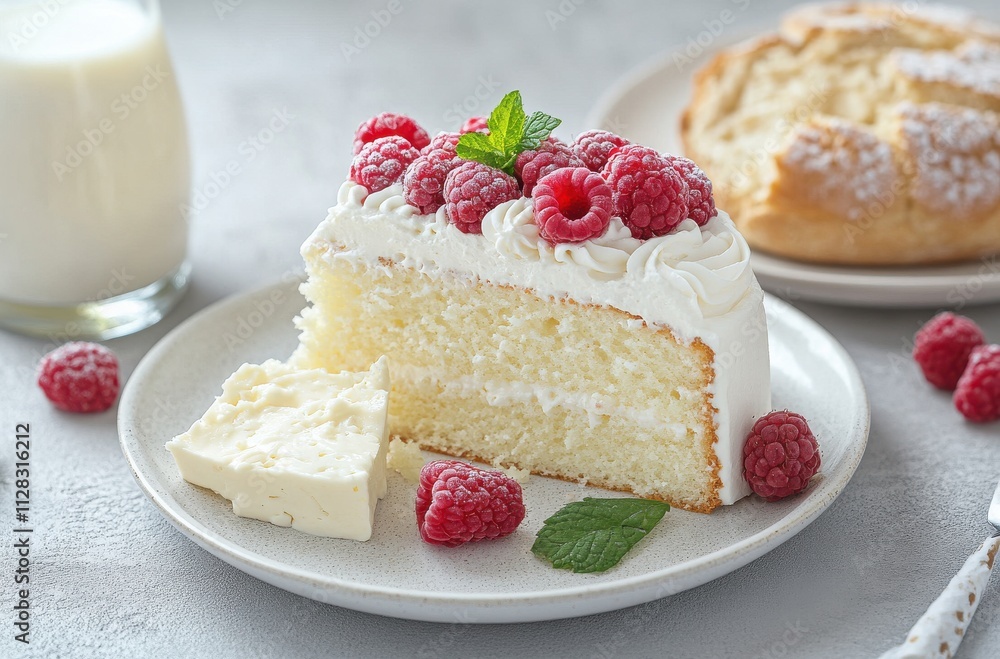 Freshly Baked Vanilla Cake with Creamy Frosting and Raspberries on a Elegant Plate Surrounded by Fresh Berries and a Glass of Milk Freshly Baked Vanilla Cake with Creamy Frosting and Raspberries on a Elegant Plate Surrounded by Fresh Berries and a Glass of Milk