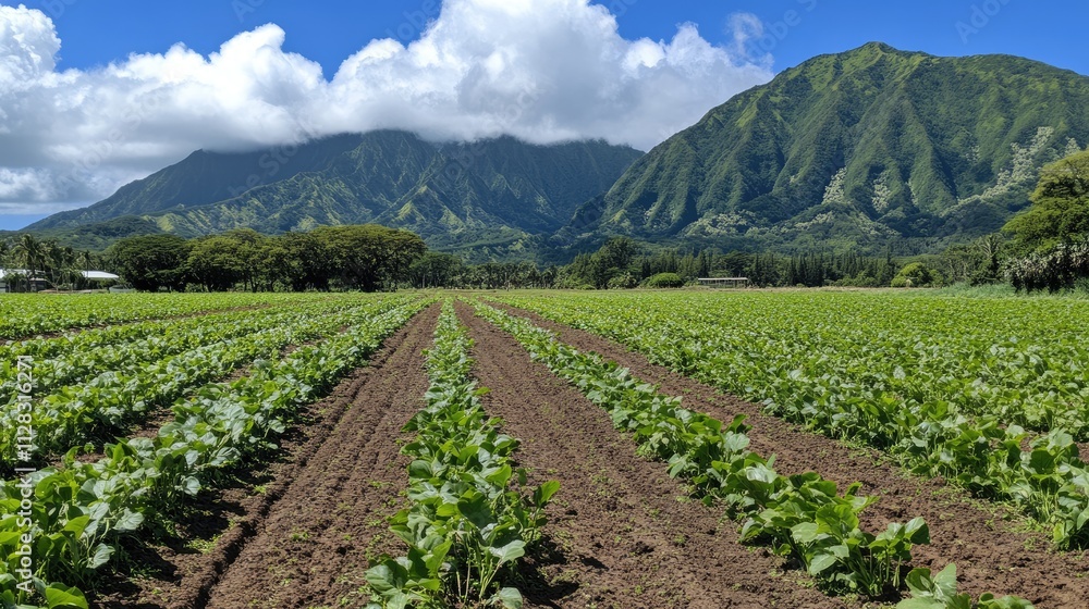 Scenic Landscape of Green Crop Field with Majestic Mountains Scenic Landscape of Green Crop Field with Majestic Mountains