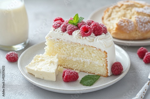 Freshly Baked Vanilla Cake with Creamy Frosting and Raspberries on a Elegant Plate Surrounded by Fresh Berries and a Glass of Milk