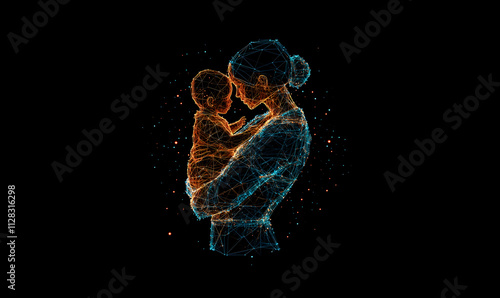 Mother and child low poly technology background with abstract polygonal digital design