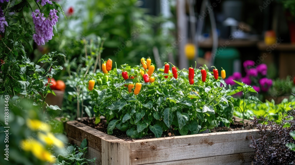Vibrant Vegetable Garden with Colorful Peppers in Raised Bed Vibrant Vegetable Garden with Colorful Peppers in Raised Bed