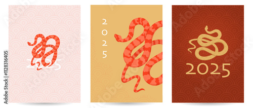 Set of posters for the new chinese year of the snake with a scaly pattern. Template of a greeting banner with an image of a wriggling snake. Cover for a calendar or a postcard. Vector illustration.