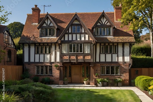 Tudor-Style House With Timber Framing And Decorative Brickwork photo