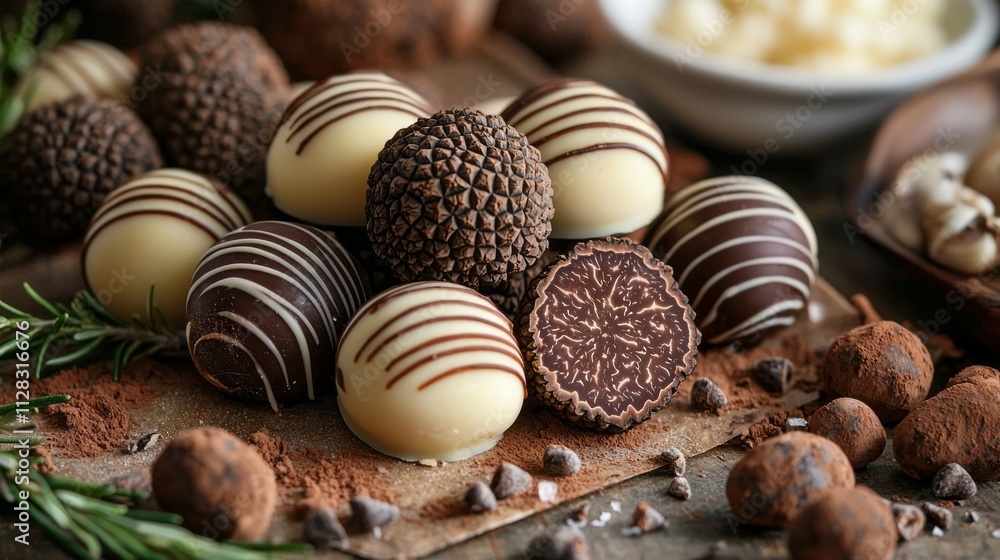Fototapeta premium A tempting assortment of handmade chocolates showcases freshly gathered truffles, elegantly sliced to reveal rich textures. Indulgent flavors blend beautifully, enticing every sweet lover