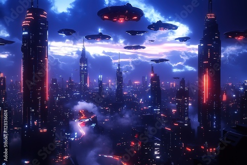 futuristic cityscape with glowing skyscrapers and aerial highways under neon-lit sky