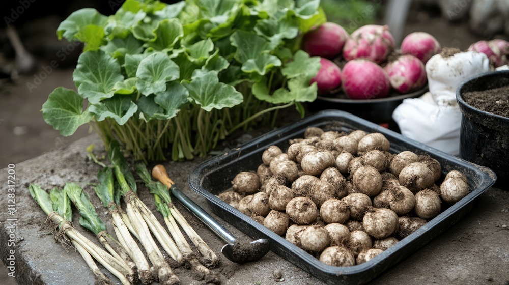 Fresh Harvest of Vegetables on Rustic Table with Soil and Greens Fresh Harvest of Vegetables on Rustic Table with Soil and Greens