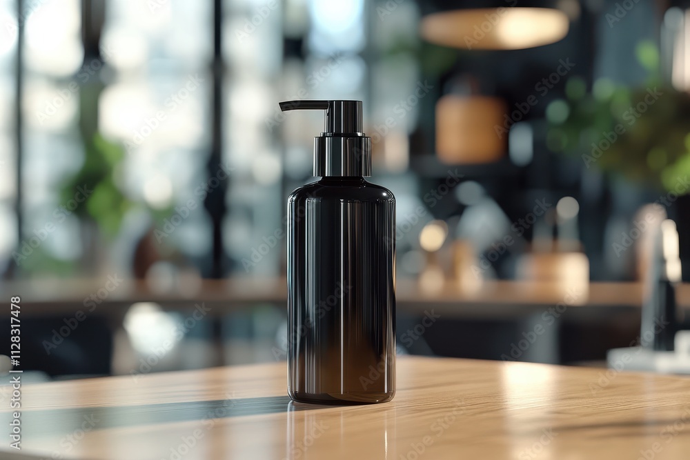 Black pump bottle on wooden table. Perfect for branding, product, or cosmetic designs. Black pump bottle on wooden table. Perfect for branding, product, or cosmetic designs.