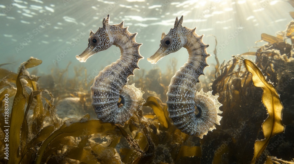 Two Seahorses Among Kelp In Sunlight Two Seahorses Among Kelp In Sunlight