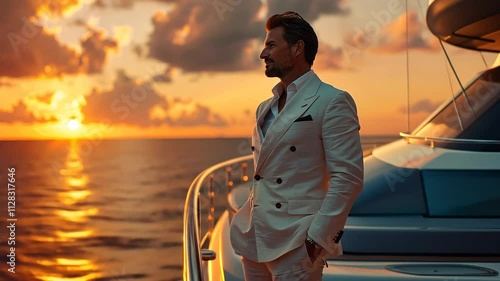 A man in a tailored suit gazing out at the ocean from a luxury yacht deck during a golden sunset, embodying success and elegant travel.
