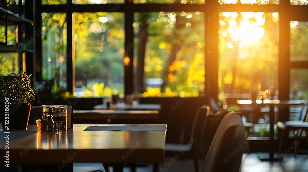 Sunlit cafe interior with empty tables and chairs. Sunlit cafe interior with empty tables and chairs.