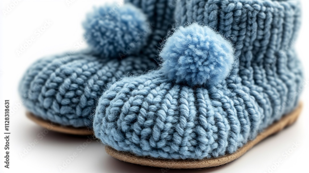 Cozy handknitted baby booties pastel blue adorned with a pompom detail ideal for keeping little feet warm and stylish Cozy handknitted baby booties pastel blue adorned with a pompom detail ideal for keeping little feet warm and stylish