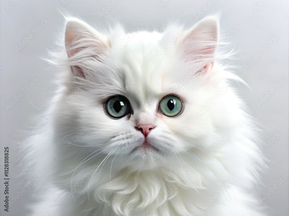 Panoramic close-up reveals an irresistibly cute white Persian kitten, fluffy and captivating. Panoramic close-up reveals an irresistibly cute white Persian kitten, fluffy and captivating.