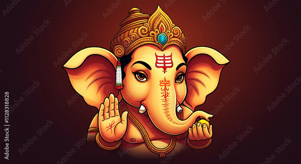 Fototapeta premium Cartoon-style close-up of Lord Ganesha’s face with expressive eyes, red sacred markings, and a joyful expression, symbolizing divine wisdom and happiness