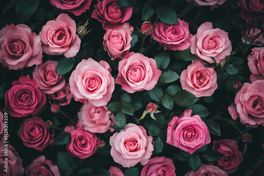 Naklejka premium Blooming Pink Roses with Green Leaves Background