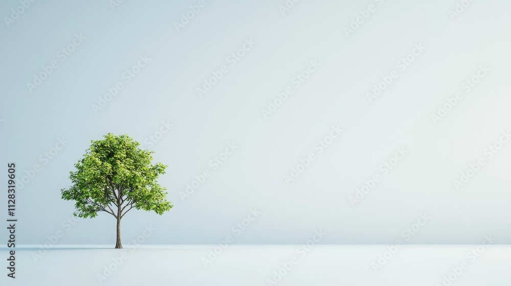 Obraz premium A solitary green tree stands against a minimalistic light background, symbolizing nature and tranquility.