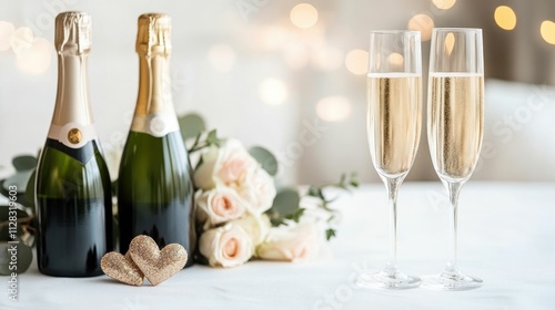 Elegant champagne and rose bouquet setting with glittery hearts on a white tablecloth  This image conveys a romantic festive and luxurious atmosphere perfect for special occasions like anniversaries photo