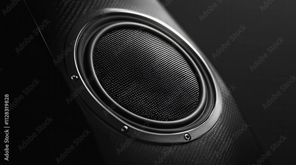 Close-up of a black speaker's woofer, detailed texture visible. Perfect for audio, music, and technology related projects. Close-up of a black speaker's woofer, detailed texture visible. Perfect for audio, music, and technology related projects.