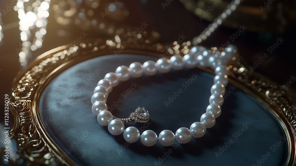 A photorealistic macro of a pearl necklace with a diamond clasp placed on a velvet tray under soft light
A photorealistic macro of a pearl necklace with a diamond clasp placed on a velvet tray under soft light