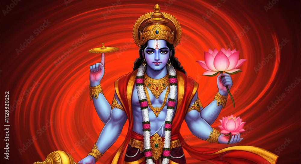 Iconic portrayal of Lord Vishnu holding a lotus and a conch, dressed in golden attire, set against a radiant red background, symbolizing preservation and balance