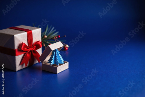 Closed and open gift boxes on blue background