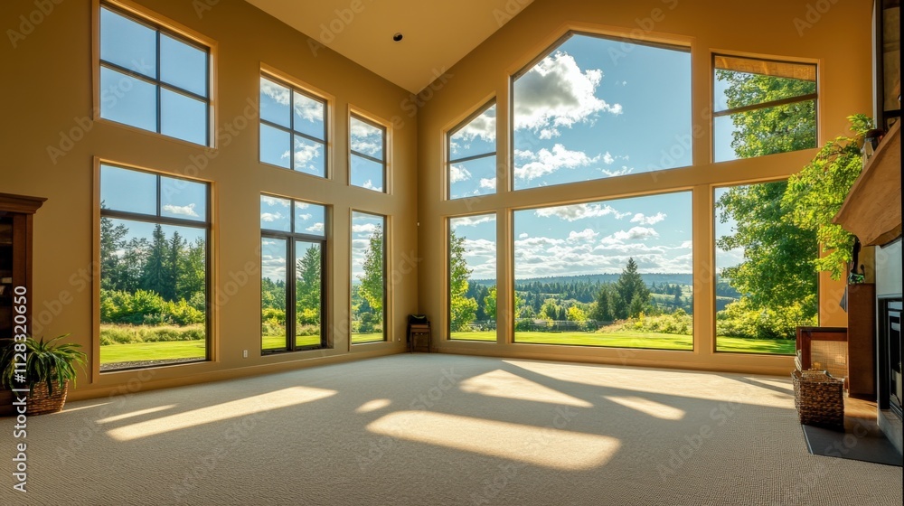 spacious living room with large windows and scenic view spacious living room with large windows and scenic view