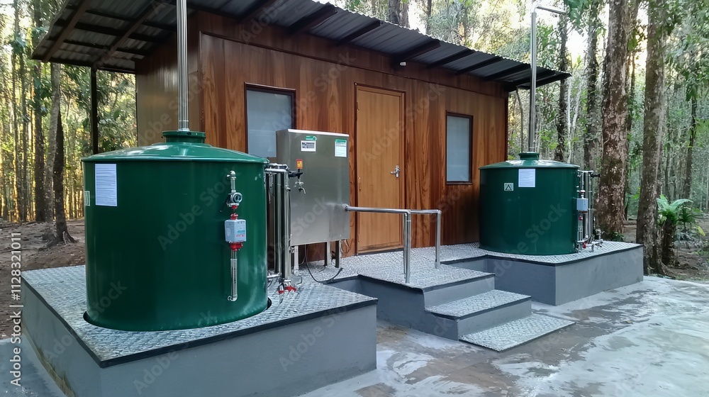 Compact Biogas Plant Setup: A small-scale biogas setup with compact fermentation tanks for rural community use.
Compact Biogas Plant Setup: A small-scale biogas setup with compact fermentation tanks for rural community use.