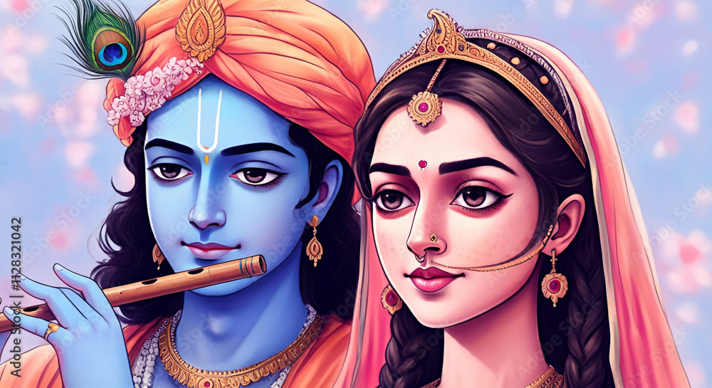 Fototapeta premium Artistic portrayal of Radha and Krishna, showcasing their divine union with serene expressions in a celestial backdrop
