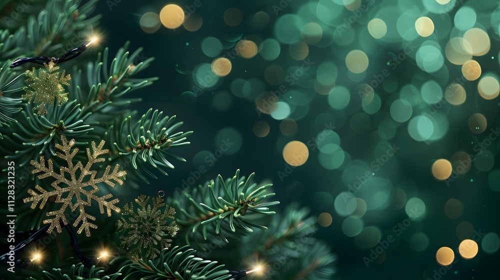 A festive background featuring a pine branch and soft bokeh lights for holiday themes. A festive background featuring a pine branch and soft bokeh lights for holiday themes.