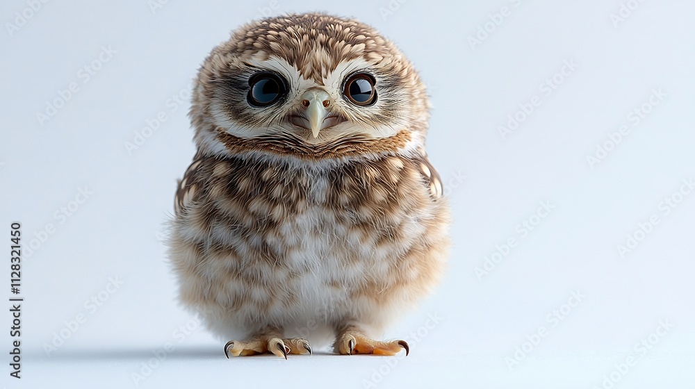 Happy baby owl relaxed expression standing tall isolated on white background Happy baby owl relaxed expression standing tall isolated on white background