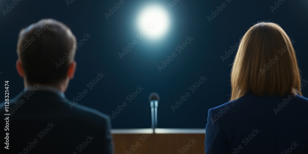 Two individuals stand in silhouette before a bright spotlight, preparing for a public speaking event, highlighting the anticipation and focus required for the moment. Two individuals stand in silhouette before a bright spotlight, preparing for a public speaking event, highlighting the anticipation and focus required for the moment.