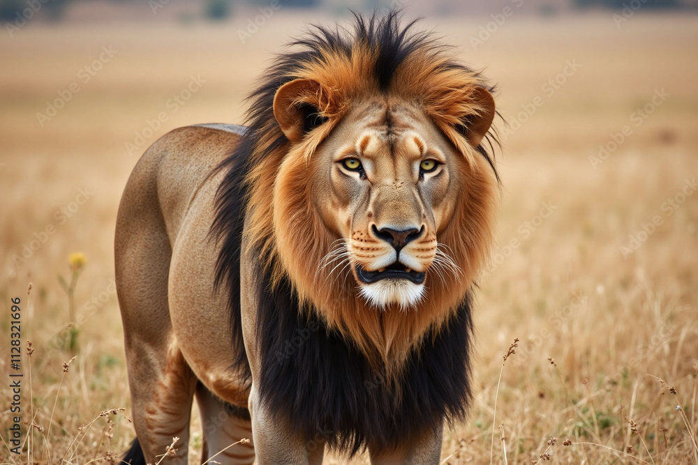 Majestic male lion savannah landscape golden-brown fur shaggy mane Majestic male lion savannah landscape golden-brown fur shaggy mane
