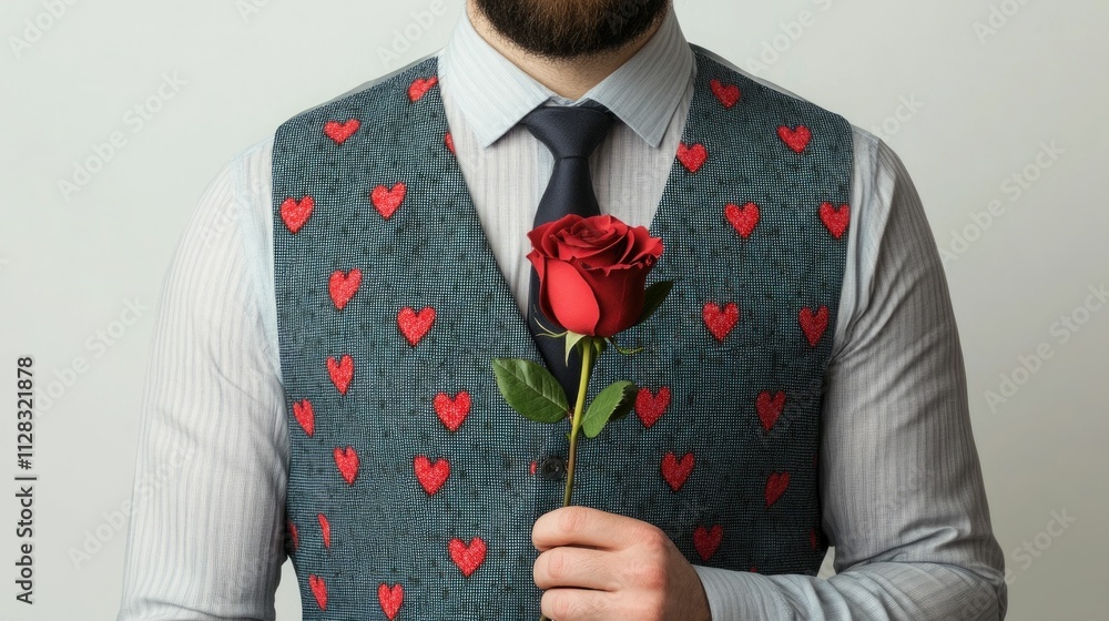 Full body portrait of a man wearing a vest with heart motifs holding a chocolate rose in his hand against a warm toned isolated background created in a hand drawn style Full body portrait of a man wearing a vest with heart motifs holding a chocolate rose in his hand against a warm toned isolated background created in a hand drawn style