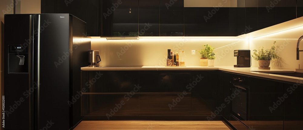modern kitchen with sleek black cabinetry and ambient lighting modern kitchen with sleek black cabinetry and ambient lighting