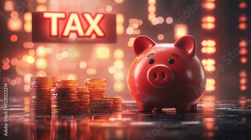 Red piggy bank and coins with illuminated tax sign, concept of financial literacy