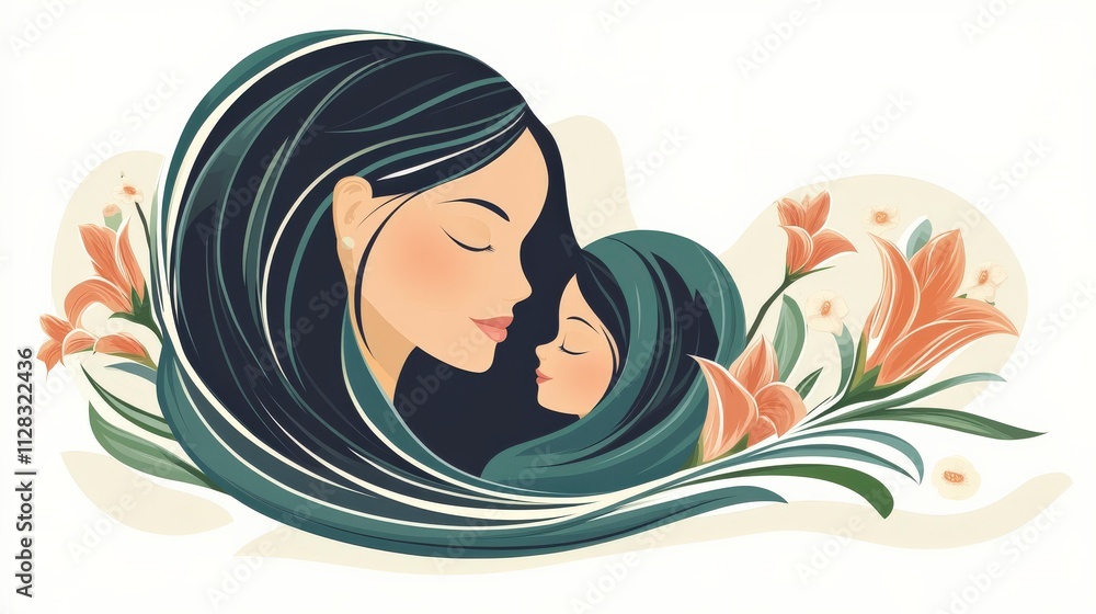 Elegant Illustration of a Mother and Daughter Sharing Affection Surrounded by Beautiful Flowers in a Soft Color Palette for Celebrating Love and Connection Elegant Illustration of a Mother and Daughter Sharing Affection Surrounded by Beautiful Flowers in a Soft Color Palette for Celebrating Love and Connection