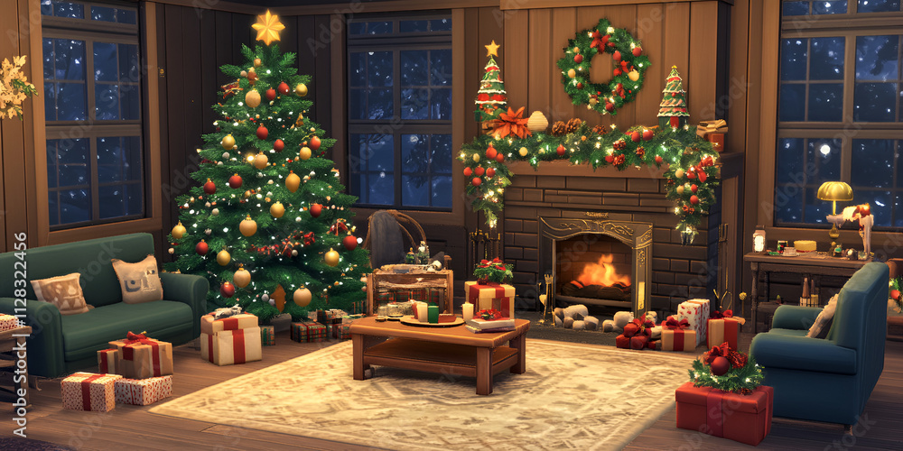 Cozy Living Room with Christmas Decorations and Fireplace

