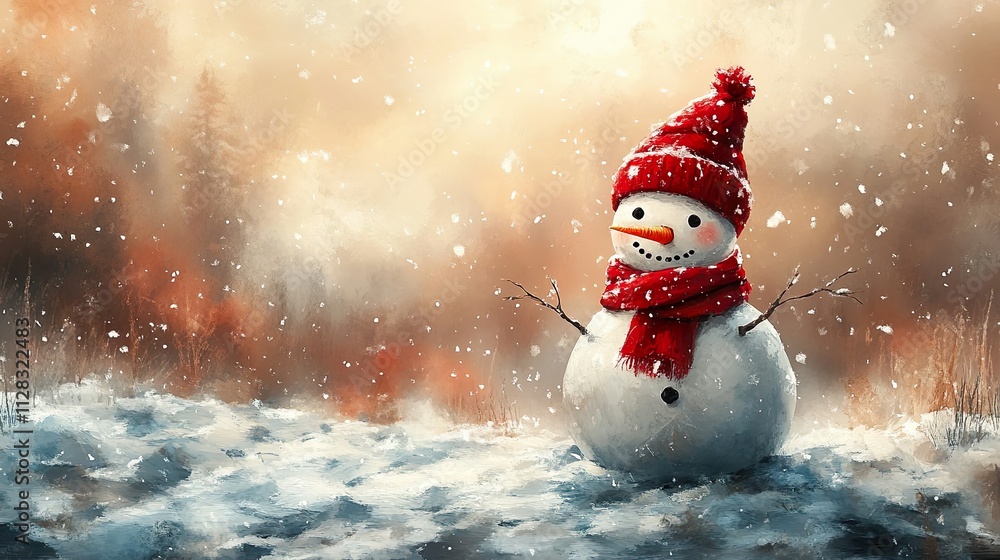 Fototapeta premium Cheerful Snowman with Red Scarf in a Winter Wonderland