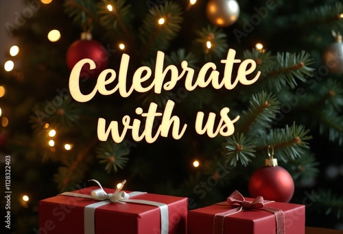 Celebrate with us lettering on Christmas tree with presents and baubles lights