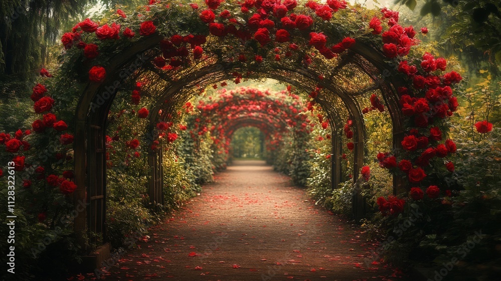 Obraz premium Rose Archway Pathway Garden Romantic Scenery