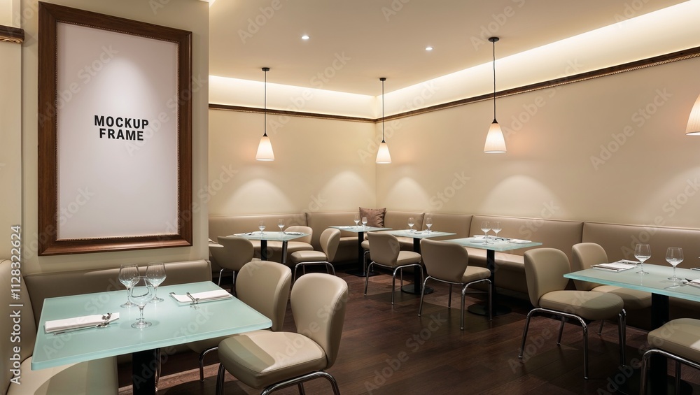 Modern restaurant interior with seats and table, mockup frame Modern restaurant interior with seats and table, mockup frame