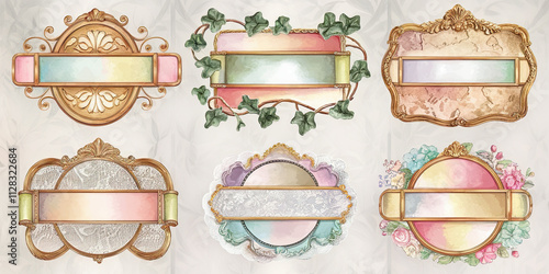 Elegant Watercolor Frames Vintage Gold Ornate Banners Wedding Floral Design